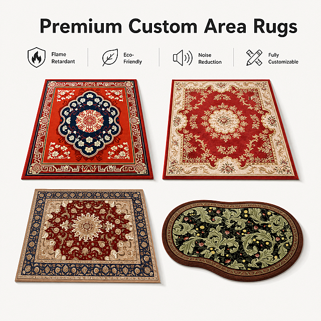 [Screen 1] Hero banner for international station detail page: Premium Decorative Area Rug collection. Modern minimalist commercial style, warm home atmosphere, realistic photography texture, 4K ultra HD. Display the four carpet styles from user's images (red traditional, red classic, brown vintage, green irregular) in an evenly spaced grid layout. Keep all original structures, patterns, colors and textures consistent with input images. Clean light off-white #f5f5f5 background. Soft lighting with natural shadows to enhance 3D and texture. Top center main title "Premium Custom Area Rugs" in dark gray bold sans-serif font. Below title list four core selling points: Flame Retardant, Eco-Friendly, Noise Reduction, Fully Customizable, each with a simple icon. All English, no Chinese characters. 15:16 vertical proportion, text clearly visible. Negative: deformed structure, color distortion, blur, text error, watermark, messy background, Chinese characters
