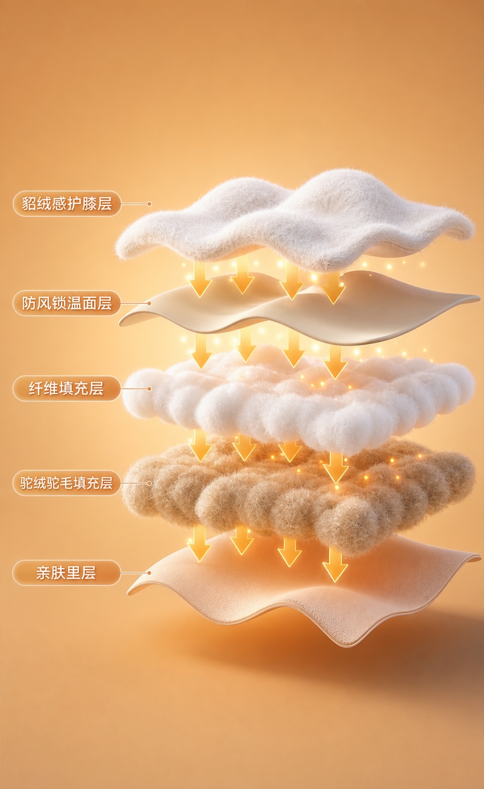 参考图中的3D分层结构风格，暖橙色渐变背景，柔和光影，五层保暖… - 图片创意预览