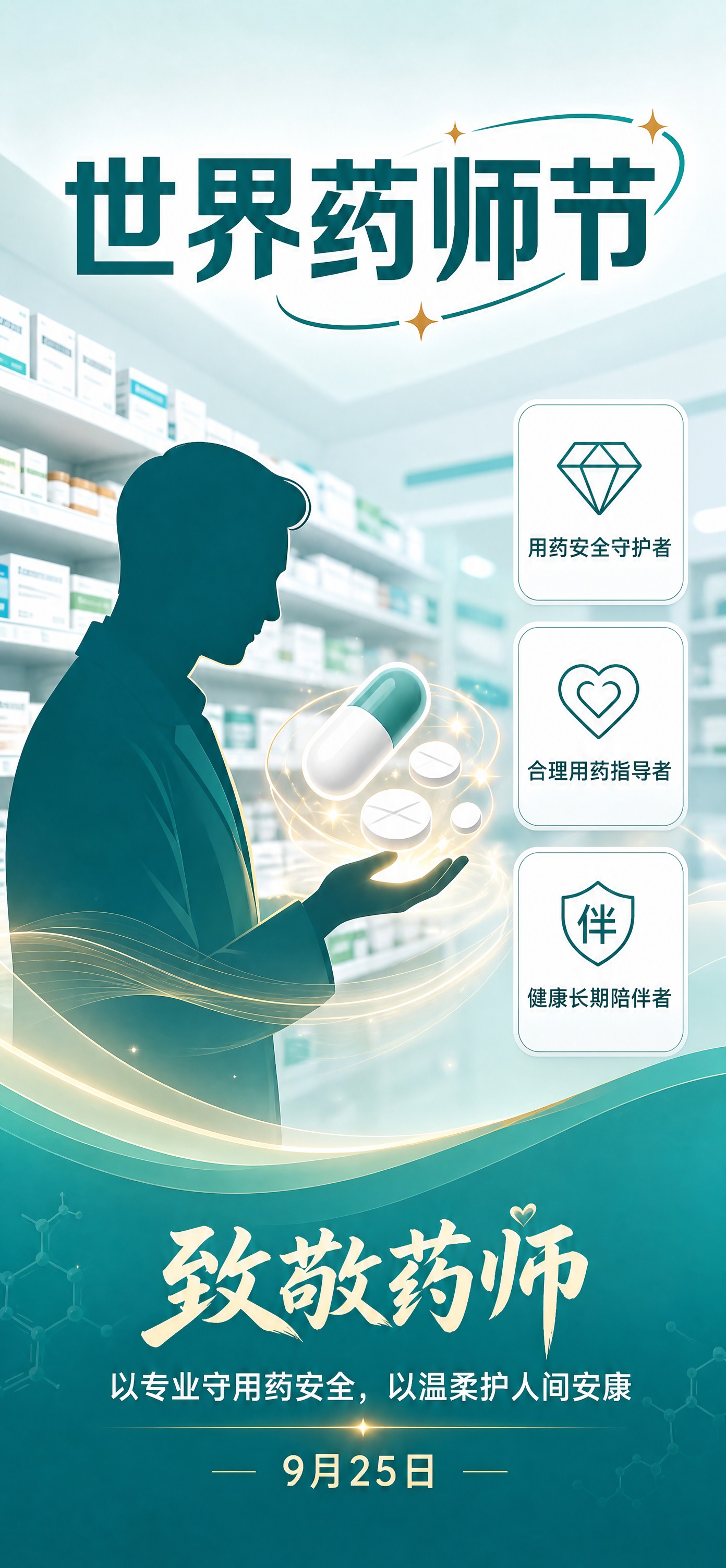 基于参考图的版式骨架和青绿色医疗氛围进行修改：保留左侧药师剪影… - 图片创意预览