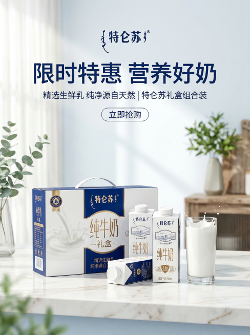 特仑苏纯牛奶电商促销海报，明亮清新干净背景，特仑苏礼盒+盒装牛奶组合摆放，高端质感，自然光柔和光影，大字文案：“限时特惠 营养好奶”，简约大气，生鲜乳品主图风格，高清商业摄影，8K质感，留白充足预览效果