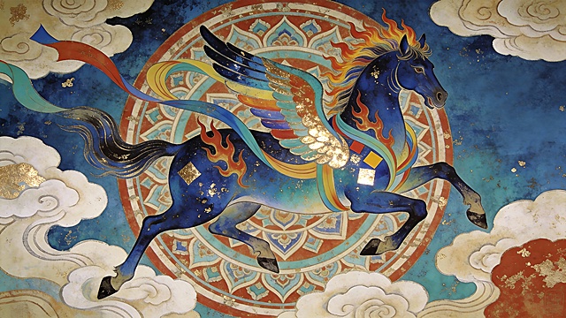 工笔风与岩彩技法融合，蓝焰飞马踏云而行，鎏金点缀，祥云环绕，展现中式古典与国潮梦幻之美，神圣庄严，尽显民族气韵。