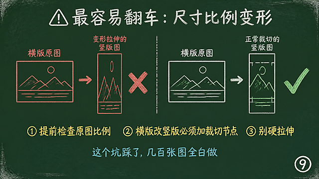 黑板报风格PPT页面，深绿色黑板底背景，模拟粉笔笔触纹理，四角有轻微粉笔灰效果，16:9横屏，排版全部上移，底部预留15%空白字幕区。页面顶部白色粉笔标题"⚠ 最容易翻车：尺寸比例变形"，页面左侧红色粉笔绘制：方框"横版原图"+箭头+变形拉伸的竖版图=红色大叉；页面右侧白色粉笔绘制：方框"横版原图"+箭头+正常裁切的竖版图=绿色大勾。下方亮黄色粉笔写避坑要点三条：①提前检查原图比例、②横版改竖版必须加裁切节点、③别硬拉伸。底部一行浅蓝色粉笔小字"这个坑踩了，几百张图全白做"。右下角白色粉笔手写体页码"⑨"。粉笔手绘风格。