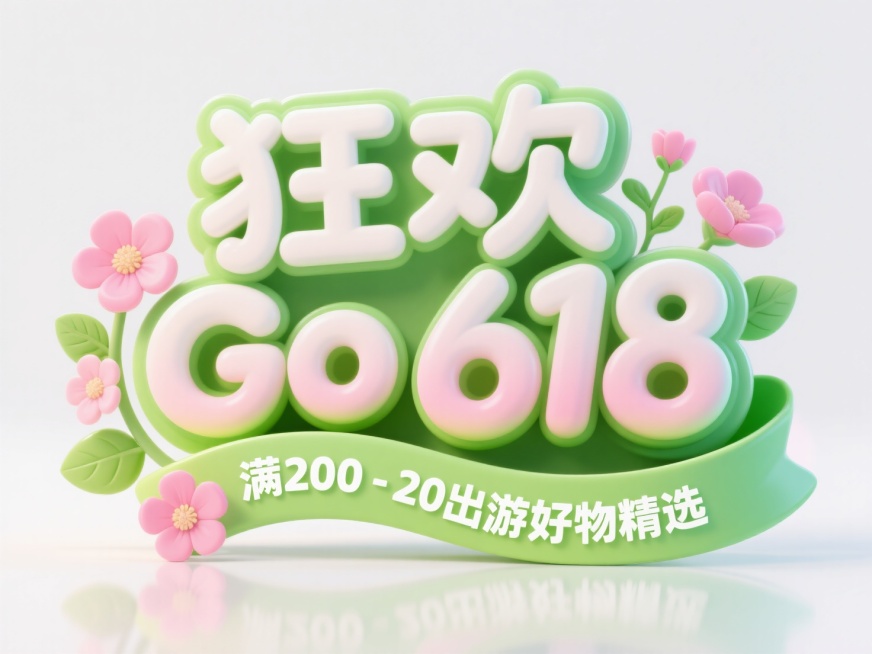 “狂欢Go 618"立体字，边缘有绿色渐变描边，字体圆润可爱。绿色飘带上写有“满200-20出游好物精选”，搭配粉色花朵、绿色枝叶装饰元素，在白色背景上呈现。预览效果