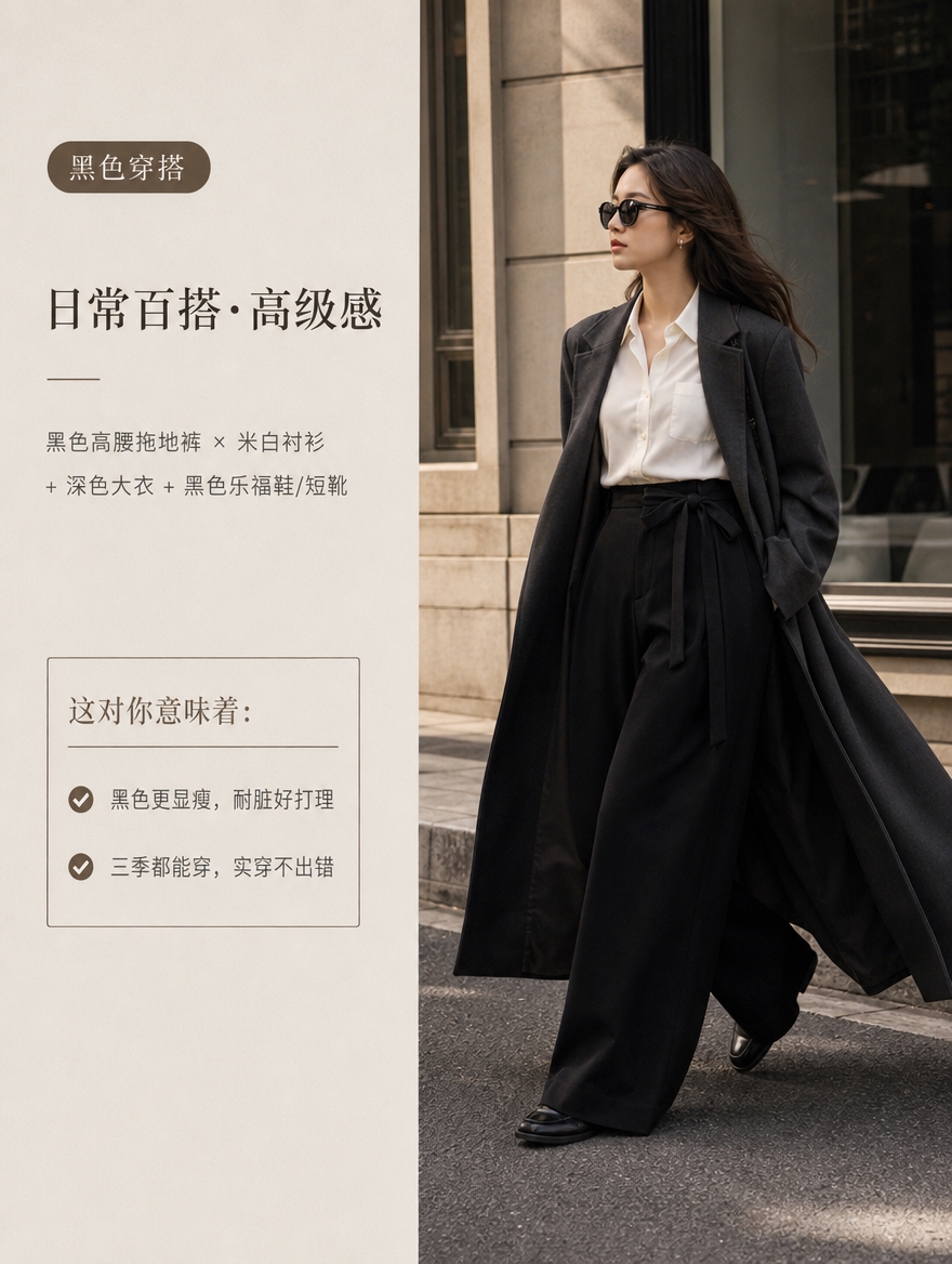 [商品] 使用【图1】黑色穿搭模块的内容结构；裤子为黑色高腰拖… - 图片创意预览