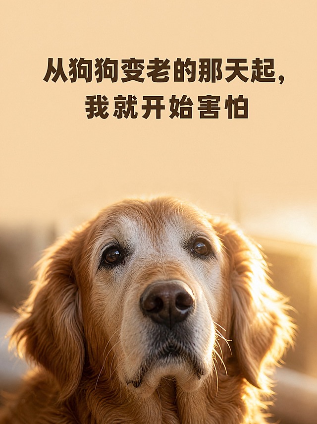 特写镜头，一只老年金毛犬的脸部居中偏下位置，口鼻部毛发明显变白，眼角下垂，眼神湿润充满依恋，狗微微抬头看向镜头，背景虚化，暖色调略微偏暗，午后斜阳从侧后方射入在狗脸边缘形成柔和光晕，电影级光影质感，真实摄影风格，高细节，浅景深，画面上方大面积留白纯色，画面上方留白区域放置加粗的醒目标题文字"从狗狗变老的那天起，我就开始害怕"，字体粗体明显、清晰突出、温暖柔和
