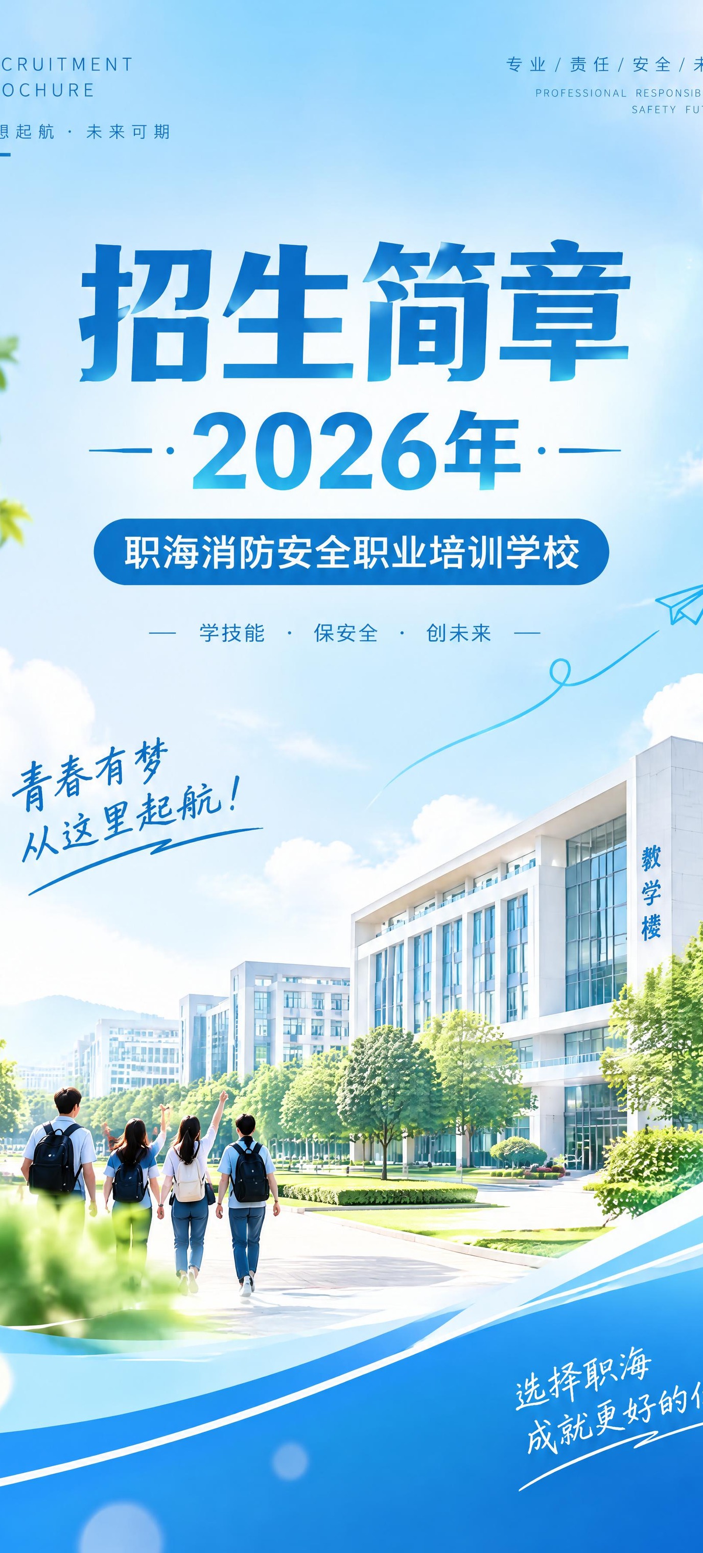 清新校园年轻活力简约高级风格的招生简章三折页封面页设计，蓝白主… - 图片创意预览