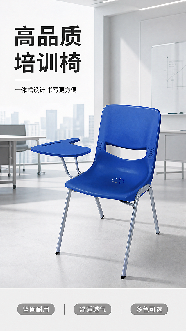 [第1屏] 详情页头图-带写字板蓝色培训椅产品宣传图。
[氛围/风格] 现代简约商务风格，浅灰色办公场景背景，商业摄影质感，画面专业干净。
[元素布局] 蓝色带写字板培训椅放置在画面中心偏右下区域，占据画面60%-65%主体位置。保持产品原有结构：蓝色一体成型塑料椅身，银色金属椅腿，左侧附带写字板，椅背镂空设计，座面排水孔结构与输入产品图一致。背景为简洁现代的会议室/培训室场景，顶部和左侧预留文字区域，整体干净专业。
[光影质感] 左前方柔和主光照亮椅身，右后方形成自然投影，金属椅腿保持清晰高光反射，整体明亮通透，产品边缘清晰真实。
[配色色系] 全局底色：#F5F5F5（浅灰）；主体配色：#1E5BB8（蓝色椅身）+ #C8C8C8（银色金属）；辅助色：#333333（深灰文字）+ #888888（浅灰边框）。
[视角构图] 正面45度斜角，主椅子位于画面中心偏右下，左上区域完整留给标题和副标题，底部用浅灰色信息条承接核心卖点，背景简洁但有商务设计感。
[文字版式] 上半部分版式为左上标题+副标题+右侧产品+底部信息条。主标题"高品质培训椅"三行黑字，左对齐，字号为画面宽度7%-9%，不超过顶部区域高度20%。副标题"一体式设计 书写更方便"黑色小字，左对齐，字号约为主标题30%。底部三个卖点胶囊："坚固耐用" "舒适透气" "多色可选"，灰色底白字，均匀分布，不遮挡产品主体。
[比例分辨率] 9:16竖版比例，4K分辨率，文字清晰可辨，超高清。
[负向提示词] 椅子变形，结构错误，颜色偏差，水印，文字错乱，产品图模糊，背景杂乱。