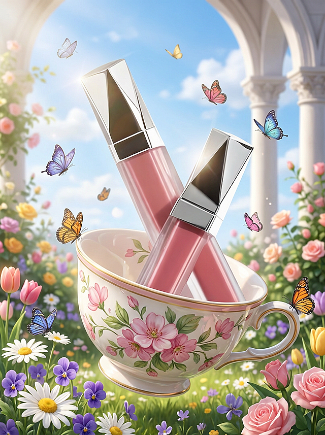 梦幻感插画风，水彩与轻拟物结合，唯美清新，春日花园中茶杯盛放唇釉，蝴蝶纷飞，甜蜜浪漫。