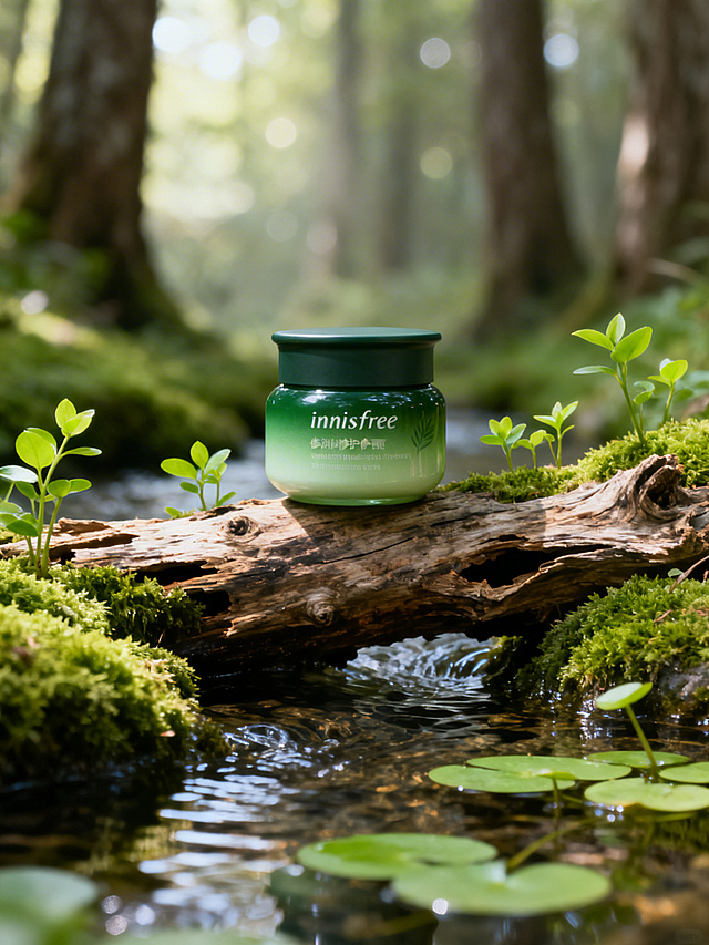 高级商业产品摄影，自然森系治愈风，主体是innisfree悦诗风吟修护面霜，瓶身为渐变深绿到浅绿的哑光圆罐，搭配同色系深绿瓶盖，放置在中空的风化枯木段上。周围环绕鲜绿苔藓、嫩绿色小植株、潺潺溪流与水面浮萍，背景是朦胧的森林树干与柔和光斑，侧上方打柔和自然光，营造静谧清新、天然植萃的森林溪流氛围感，画面通透有层次，突出产品温润修护质感与自然气息，适合电商详情页与小红书种草图文