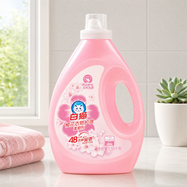 超写实电商产品摄影。
主体：衣物柔顺剂严格参照上传产品图，完整保留所有可见组件、部件、轮廓、结构、比例、材质、颜色与产品本体上的文字信息（logo / 型号 / 规格 / 参数等），与上传图完全一致；预览效果