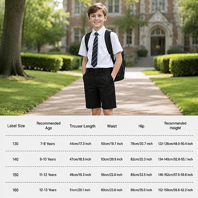 Based on the original image, keep the campus scene and the boy completely unchanged, keep the size table content, only change the font to a clearer modern clean sans-serif font, and replace all inch symbols (") with the word "inch". All size data remains unchanged, keep the text clear and readable, the layout remains unchanged, the overall 1:1 square ratio, commercial high-definition quality. All text is in English, no Chinese characters. 2048px * 2048px, 2K resolution. Negative prompt: distortion, text blur, wrong size data, changed scene or boy, wrong replacement of inch symbols, Chinese characters