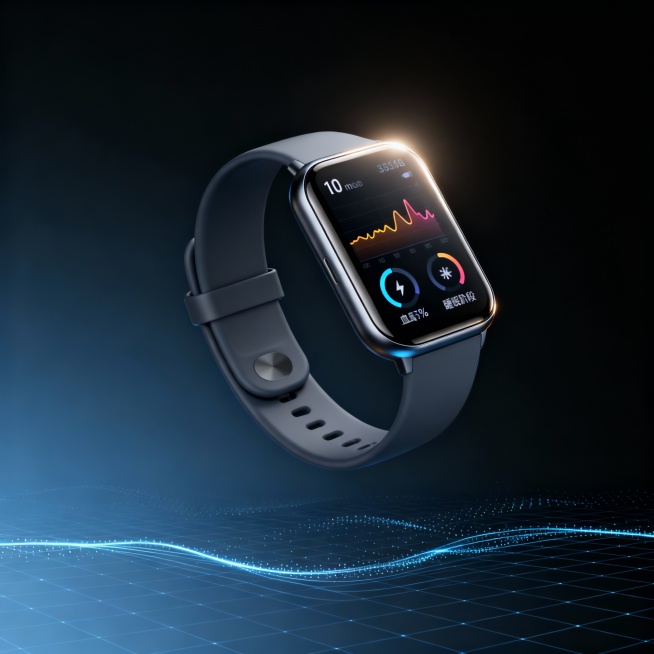 帮我生成智能手环的产品概念图，外观描述：一款极具未来感的智能手环，采用一体成型深空灰色哑光金属机身，流线型、无实体按键设计。正面是一块2.5D弧面高清AMOLED显示屏，正显示着简洁的动态心率曲线图、预览效果