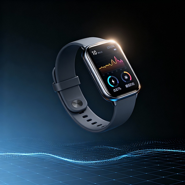 帮我生成智能手环的产品概念图，外观描述：一款极具未来感的智能手环，采用一体成型深空灰色哑光金属机身，流线型、无实体按键设计。正面是一块2.5D弧面高清AMOLED显示屏，正显示着简洁的动态心率曲线图、血氧百分比和睡眠阶段图表。表带为亲肤液态硅胶材质，纹理细腻，与机身无缝衔接。整体造型纤薄、圆润、简约。
背景描述：产品悬浮于一个模糊的、渐变深蓝色至黑色的纯净空间中，背景伴有极其微弱的、发光的网格线或粒子流数据轨迹，营造出数字科技感。光线为柔和的顶侧光，在手环边缘形成一道精致的高光，突出其材质与形态。画面极度简洁，无任何文字或冗余元素。