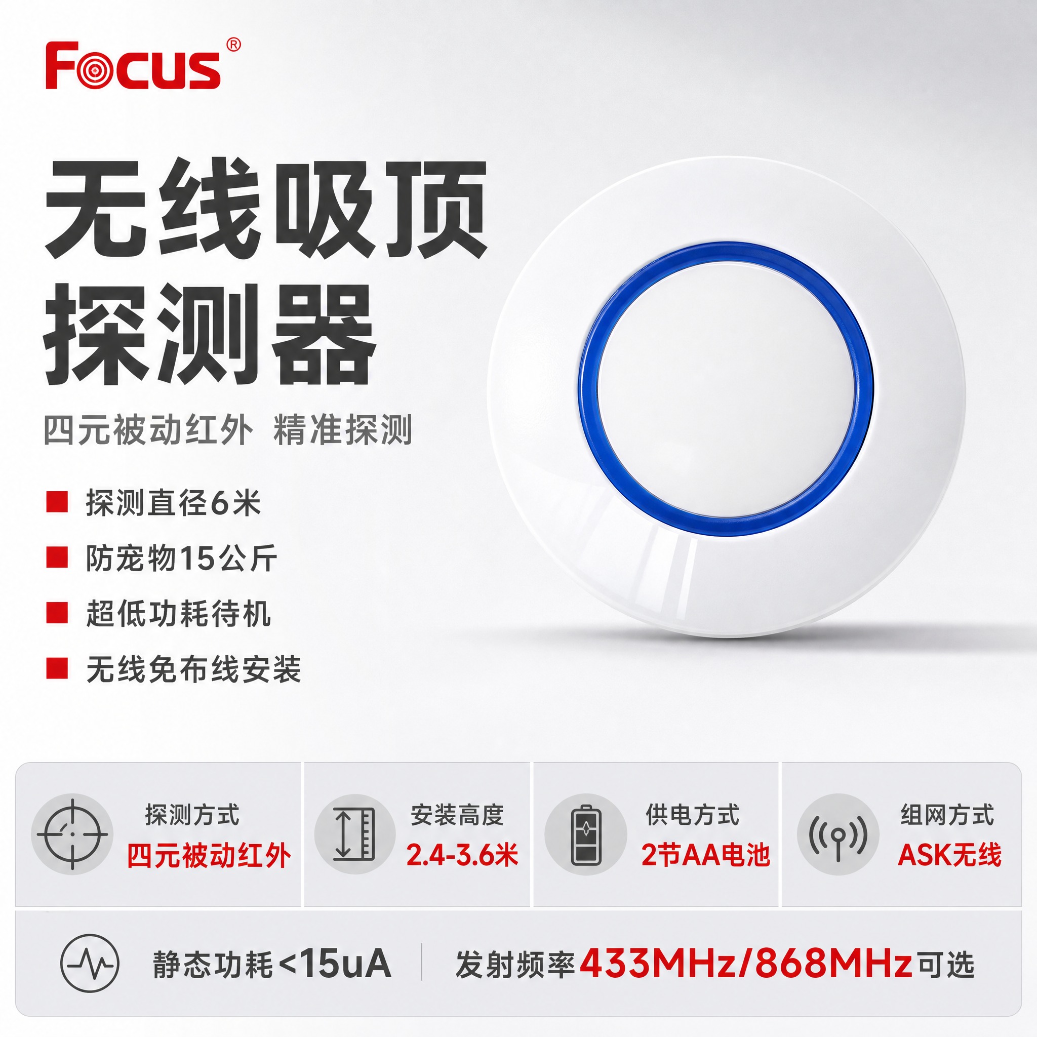 [主图-1] 福科斯无线吸顶探测器首图，突出产品名称与四元被动… - 图片创意预览