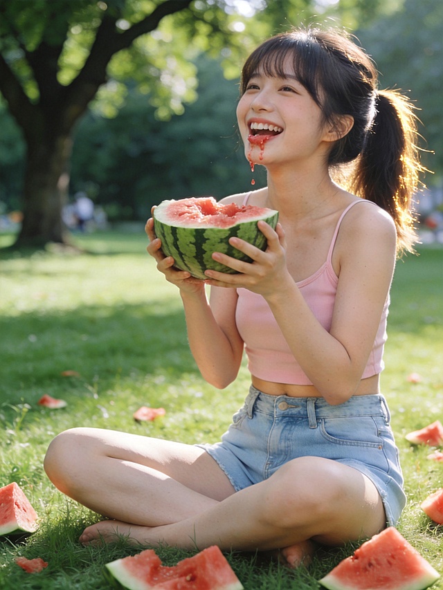 元气明媚夏日西瓜主题写真，清新治愈，元气满满，生机勃勃，低饱和鲜活色彩，通透干净画面，明亮的阳光穿透感，侧逆光勾勒轮廓金边，清透奶油肌，真实皮肤纹理，白皙通透，细腻无瑕；蓬松空气刘海低马尾，女生双手抱着半个冰镇西瓜坐在草坪上，嘴角沾着西瓜汁，开怀大笑，妆容清透伪素颜，上身浅粉色短款吊带，下装浅蓝色高腰牛仔短裤，置身翠绿草坪之上，周围散落着切块西瓜，远处有梧桐树荫，大光圈中景，带入更多环境元素，分辨率4k，电影级光影质感，商业人像摄影级别，画面比例3:4