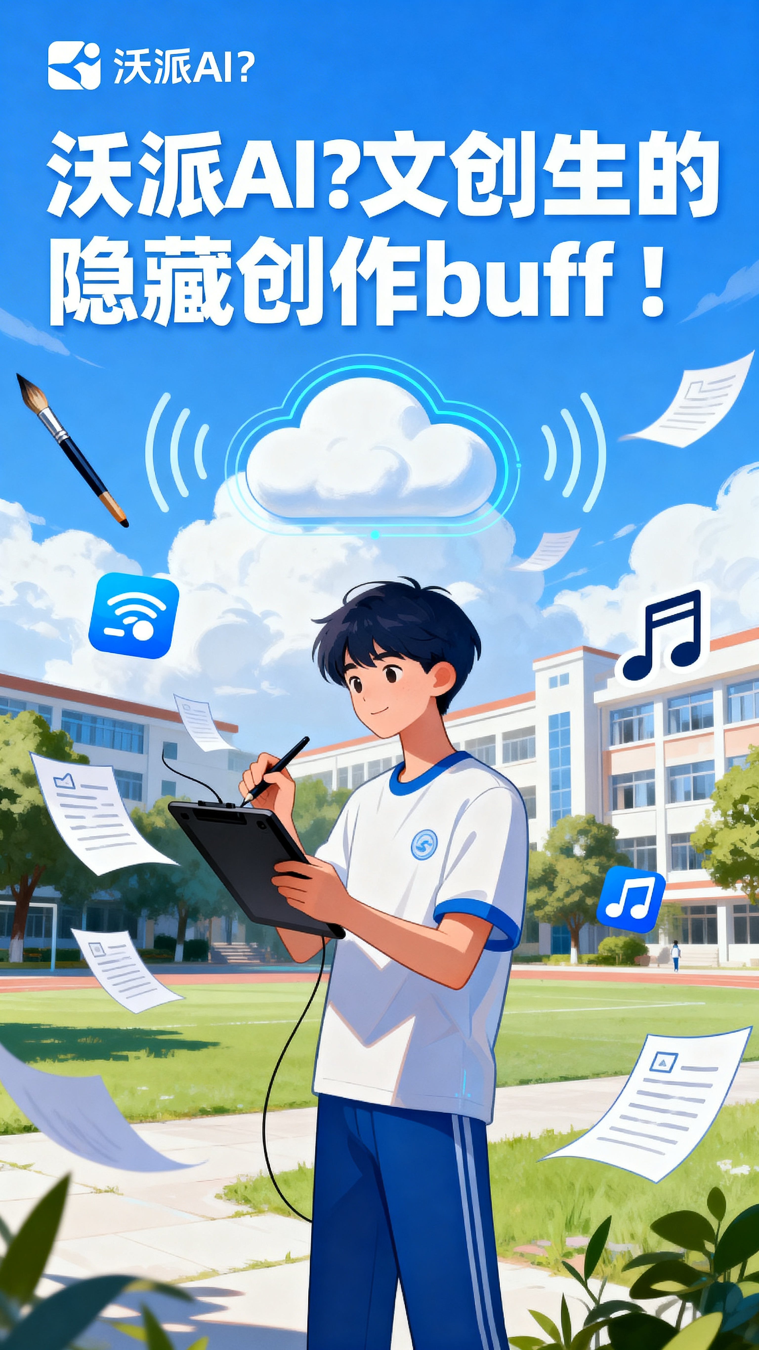 青春校园海报，标题是"沃派AI？文创生的隐藏创作buff！"，… - 图片创意预览