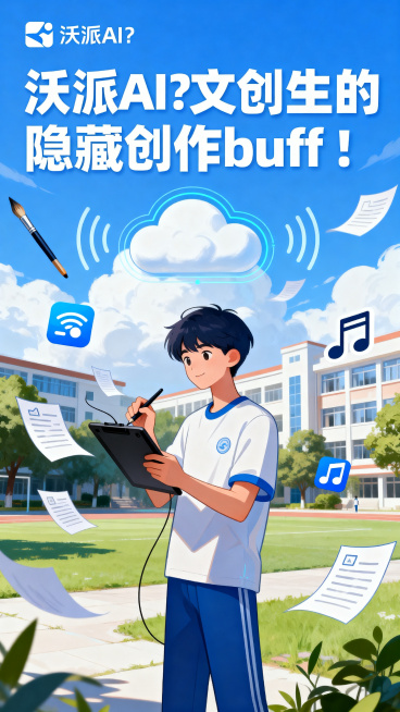 青春校园海报，标题是"沃派AI？文创生的隐藏创作buff！"，文创大学生拿着数位板在校园里创作，旁边轻飘着设计稿、画笔、云朵图标、彩铃波纹元素，整体清新明亮，蓝白科技感结合文创艺术感，简约现代构图，明预览效果