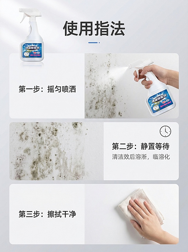 圣洁康墙体除霉剂详情页使用步骤图，简洁实用风格，明亮白光。画面采用三步纵向排列：第一步“摇匀喷洒”配喷洒动作图，第二步“静置等待”配静置效果示意图，第三步“擦拭干净”配擦拭后干净墙面图，产品在画面左上角露出，背景是浅灰色渐变，整体背景铺满全屏无边框，无违规词，文字标注清晰