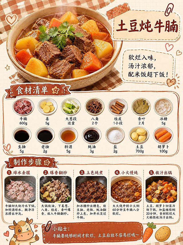 参照参考图的版式骨架和手绘食谱风格，重新设计一款土豆胡萝卜炖牛腩的菜谱制作步骤海报，换一个全新的色调（暖棕红色+米黄色系，浓郁家常暖心风格）。

版式严格参照参考图结构，从上到下依次为：
1. 顶部：一大碗热气腾腾的土豆胡萝卜炖牛腩美食实拍图，牛腩软烂红润，土豆金黄，汤汁浓郁诱人，点缀绿色香菜，右上角有手写风格标题框，写着「土豆炖牛腩」五个大字。标题下方右侧有一句描述语：「软烂入味，汤汁浓郁，配米饭超下饭！」
2. 食材清单区：暖棕红色丝带标签写着「食材清单」，下方14个圆形食材小图分两排排列，每个圆图下方标注食材名和克数，依次为：「牛腩 600g」「姜 5g」「大葱段 适量」「八角 2个」「桂皮 1小段」「香叶 2片」「冰糖 5g」「生抽 5g」「老抽 2g」「料酒 5g」「蚝油 3g」「盐 2g」「土豆 700g」「胡萝卜 100g」
3. 制作步骤区：暖棕红色丝带标签写着「制作步骤」，下方分5步横向排列，每步有编号+小标题+小图+说明文字：
「1. 焯水去腥」牛腩切大块冷水下锅，加料酒焯水，撇净浮沫捞出冲洗。
「2. 爆香翻炒」大锅放油，下姜葱、八角、桂皮、香叶爆香，放入牛腩翻炒。
「3. 上色炖煮」加冰糖炒出糖色，放生抽、老抽、蚝油翻炒上色，加开水没过牛腩。
「4. 小火慢炖」大火烧开转小火焖60分钟至牛腩八分软烂。
「5. 收汁出锅」土豆、胡萝卜切滚刀块下锅，加盐继续焖20分钟，食材软烂大火稍微收汤汁出锅。
4. 底部小贴士区：暖棕红色便签样式，写着「小贴士：牛腩要炖够时间才软烂，土豆后放不容易烂哦～」，旁边配可爱的小牛或胡萝卜小插画。

整体风格：温馨手绘风，暖棕红+米黄为主色调，米黄色纸张质感背景，格子纹理，可爱手写字体，排版精美，所有文字清晰可读。

画面中必须完整呈现以下文字信息：土豆炖牛腩、软烂入味，汤汁浓郁，配米饭超下饭！、食材清单、牛腩600g、姜5g、大葱段适量、八角2个、桂皮1小段、香叶2片、冰糖5g、生抽5g、老抽2g、料酒5g、蚝油3g、盐2g、土豆700g、胡萝卜100g、制作步骤、1.焯水去腥 牛腩切大块冷水下锅，加料酒焯水，撇净浮沫捞出冲洗。、2.爆香翻炒 大锅放油，下姜葱、八角、桂皮、香叶爆香，放入牛腩翻炒。、3.上色炖煮 加冰糖炒出糖色，放生抽、老抽、蚝油翻炒上色，加开水没过牛腩。、4.小火慢炖 大火烧开转小火焖60分钟至牛腩八分软烂。、5.收汁出锅 土豆、胡萝卜切滚刀块下锅，加盐继续焖20分钟，食材软烂大火稍微收汤汁出锅。、小贴士：牛腩要炖够时间才软烂，土豆后放不容易烂哦～
所有数字必须精确渲染，不得出现错字、漏字。
