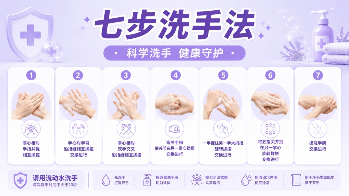 香芋紫主色调的七步洗手法提示海报，简约干净医疗风。主标题大字"七步洗手法"，副标题"科学洗手 健康守护"，分七个步骤展示：①掌心相对 手指并拢 相互揉搓②手心对手背 沿指缝相互揉搓 交换进行③掌心相对预览效果