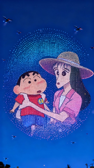 无人机灯光秀，中心区域浮现由无数渐变光点组成的图示人物，形象还原，光点简洁，深夜蓝色天空背景。周围有无人机点缀。预览效果