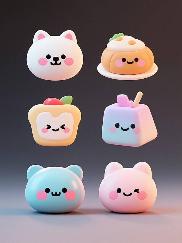 软3D风拟人萌物，粘土质感搭配可爱表情，融合猫耳、甜点元素，传递甜蜜温馨与趣味感，适合节日治愈系设计。