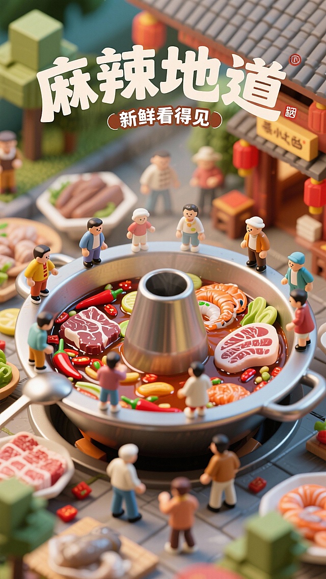 一个等距立体模型，微缩照片，微缩穿着各种衣服的人，在巨型火锅上熬煮，火锅里面翻滚着各种食材，有辣椒、牛肉、肥牛海鲜等新鲜食材再巨型火锅上方，图片尺寸为横版，颜色鲜艳有食欲，图中有一串主题文字：麻辣地道，新鲜看得见