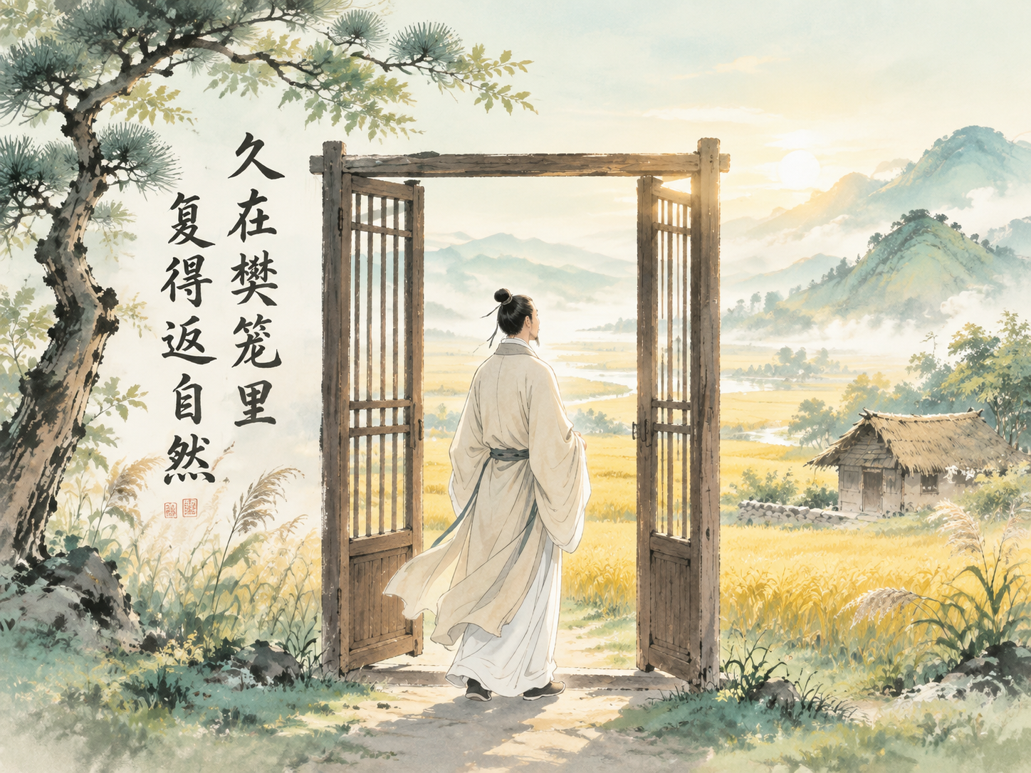 参考图的中国风水墨插画风格，一位身穿米白色长袍的古代男子背对观… - 图片创意预览