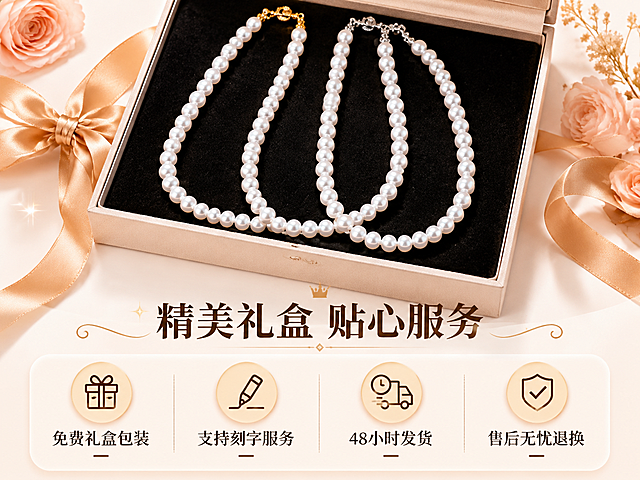 [第8屏] 服务礼遇-精美包装与售后保障。[氛围/风格] 温馨高级，突出礼赠属性和购买保障，提升信任感。[元素布局] 画面上方展示打开的珍珠项链礼盒，项链放置在黑色绒布内衬上，保留珍珠项链原有外观，下方区域排列服务保障信息点，背景为浅米白色，搭配丝带装饰，整体氛围精致适合送礼，主体礼盒占据画面上半部分60%，整体无边框满铺。[光影质感] 柔和暖光，礼盒内部光线均匀，珍珠光泽自然突出，氛围温馨。[配色色系] 全局底色：#F8F5F2（浅米白）；礼盒黑色绒布，珍珠奶白色，文字深棕色#333333。[视角构图] 俯视打开礼盒视角，产品在上，信息在下，排版清晰。[文字版式] 顶部主标题“精美礼盒 贴心服务”，下方四个服务卖点横向排列：“免费礼盒包装”“支持刻字服务”“48小时发货”“售后无忧退换”，每个卖点搭配小图标装饰，文字清晰易读。[比例分辨率] 4:3 比例，2k分辨率，文字清晰可辨，超高清。[负向提示词] 项链变形，包装错位，文字模糊，图标混乱，背景杂乱