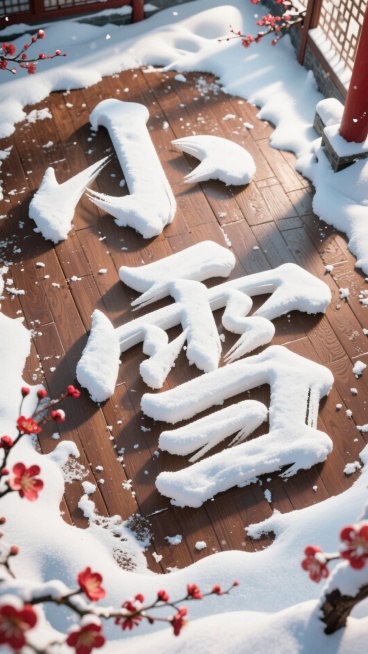俯视视角，画面主视觉是有厚积雪的木质地板上堆出来的“小雪” 毛笔字（积雪质感真实，表面带自然起伏纹理，露出棕褐色木质纹理地板，边缘有不规则足迹）；点缀红梅装饰预览效果