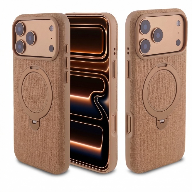 产品精修，保持手机壳原本的产品形态和所有细节特征不变，仅将图中所有的橙色部分修改替换为浅棕色，保留织物和边框的材质纹理，纯白背景不变，光影和立体效果和原图保持一致，禁止改变结构，禁止丢失细节预览效果