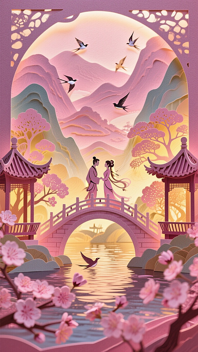 暗粉色为主色调，背景强透光，镂空效果。牛郎织女鹊桥相会，周围有拱桥、河流、两侧中式凉亭，盛开的桃花，背景层叠山峦、树木，飞鸟。