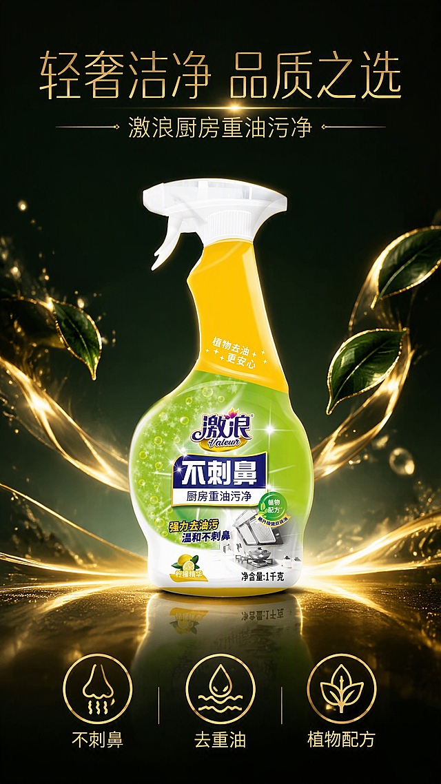 第1张 详情页头图，激浪厨房重油污净，高端黑金轻奢风。使用图1作为商品主体。
抖音快手竖版，高端轻奢，深绿黑金，品质感。
油污净喷雾瓶立于画面中央，占比约50%，瓶身外观与输入图一致。背景深墨绿到黑色渐变，金色光效线条和光斑。底部金色倒影。两侧漂浮绿叶带金色边缘光。
侧逆光+金色轮廓光，瓶身立体，高端商业摄影。
背景深墨绿#0A1F14渐变到黑，主色瓶身绿白，辅助色金色光效，点缀色绿叶。
顶部大标题「轻奢洁净 品质之选」金色细黑体；副标题「激浪厨房重油污净」金色；底部三个金色图标+文案「不刺鼻」「去重油」「植物配方」。高端大气。
9:16竖版，4K高清。
负向：变形，错字，模糊，杂乱，水印，价格。