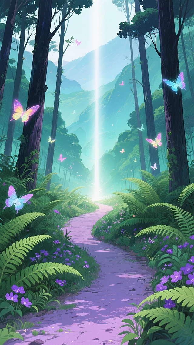 梦幻山水森林场景，动漫风格插画，画面中央为蜿蜒的林间小径通向远方光芒，两侧茂密的绿色蕨类植物与紫色花朵点缀，高耸的深色树木林立，空中飞舞着发光的彩色蝴蝶，整体色调改为青绿色与淡紫色渐变，营造宁静悠远的自然山水氛围，光线柔和从林间穿透，光影层次丰富，细节精致，画面充满生机与神秘感，视觉焦点集中在小径尽头的光亮处，整体构图平衡和谐。