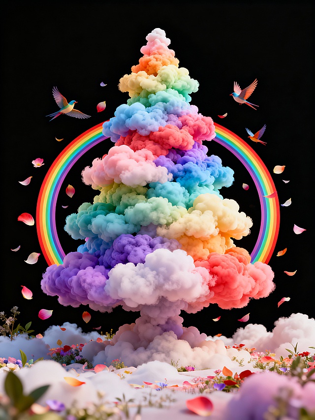 梦幻云彩圣诞树，彩虹环绕，花瓣纷飞，3D超现实风格，粒子与气笔融合，营造唯美元素与浪漫氛围。
