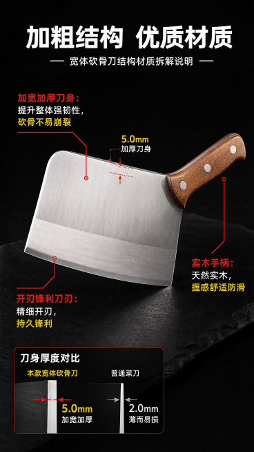 [第4屏] 结构材质解析页-xxx宽体砍骨刀结构材质拆解说明。本屏使用【图1】展示刀身主体，重点解析刀身加厚结构。
[氛围/风格] 专业工业解析风，黑底配浅色标注，突出材质结构，专业可信。
[元素布局预览效果