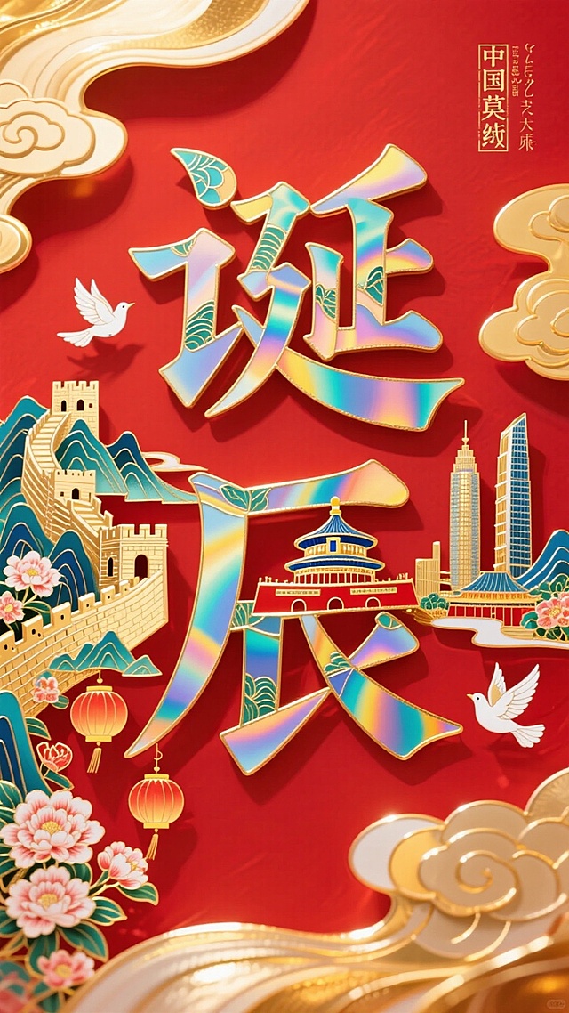 国潮风大字“诞辰”以鎏金浮雕呈现，融合剪纸风格的长城、天坛与现代城市剪影，红金配色尽显喜庆中式感，祥云、和平鸽与牡丹点缀，民族气息浓厚。
