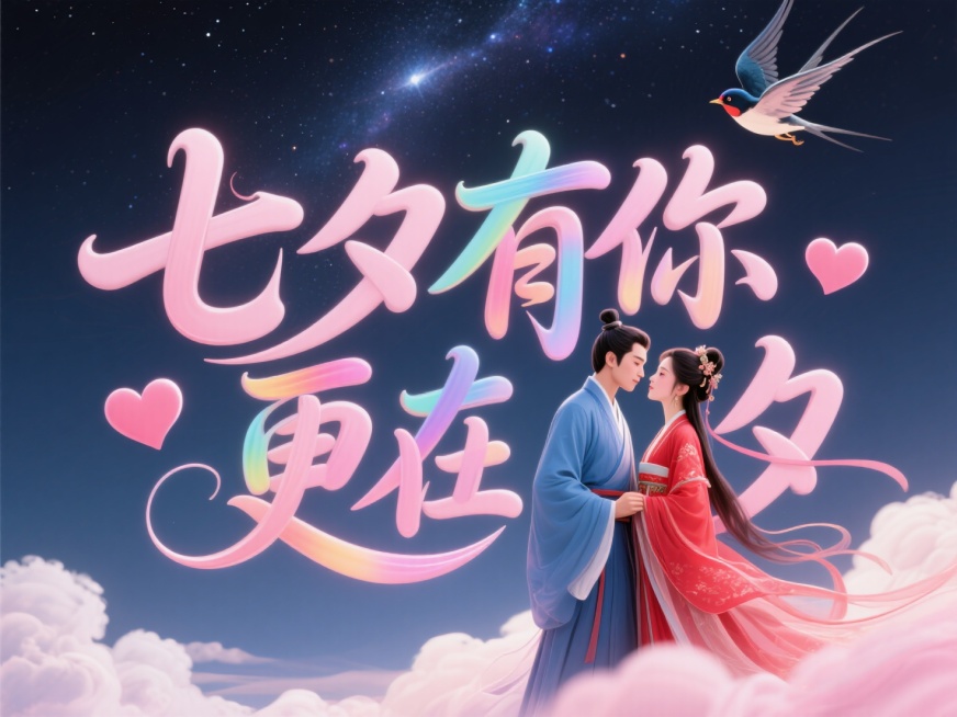 文字“七夕有你 更在朝夕”，文字穿插点缀爱心和喜鹊。高级感，黑底红字。背景：中国古代传统风格，古风情侣身着飘逸古装，深情对视，男子身穿蓝衣，女子身穿红衣。背景是银河，云朵，喜鹊在空中飞翔，画面整体呈现预览效果