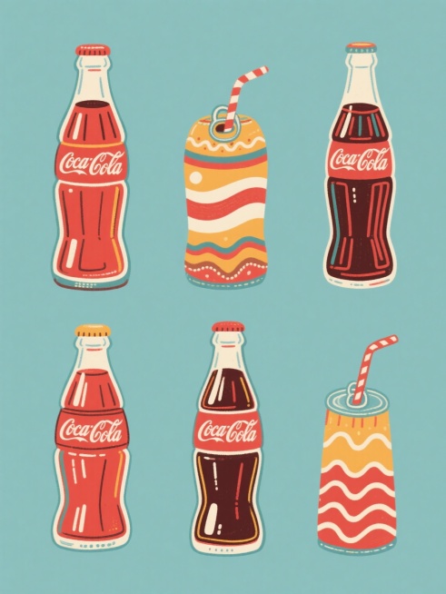 手绘风格的可乐素材集合，6个不同造型、不同形状、不同样式的可乐元素规整排布，保持手绘质感的线条勾勒和填充色彩，每个可乐元素拥有独特的设计，包括不同的瓶罐形状、装饰图案和细节处理，整体采用统一的手绘艺术风格，纯色背景，画面整体色彩变换丰富且和谐，每个可乐元素都保留明显的可乐特征，如拉环、吸管或波浪线条装饰，整体构图平衡有序，充满活泼有趣的视觉效果。预览效果