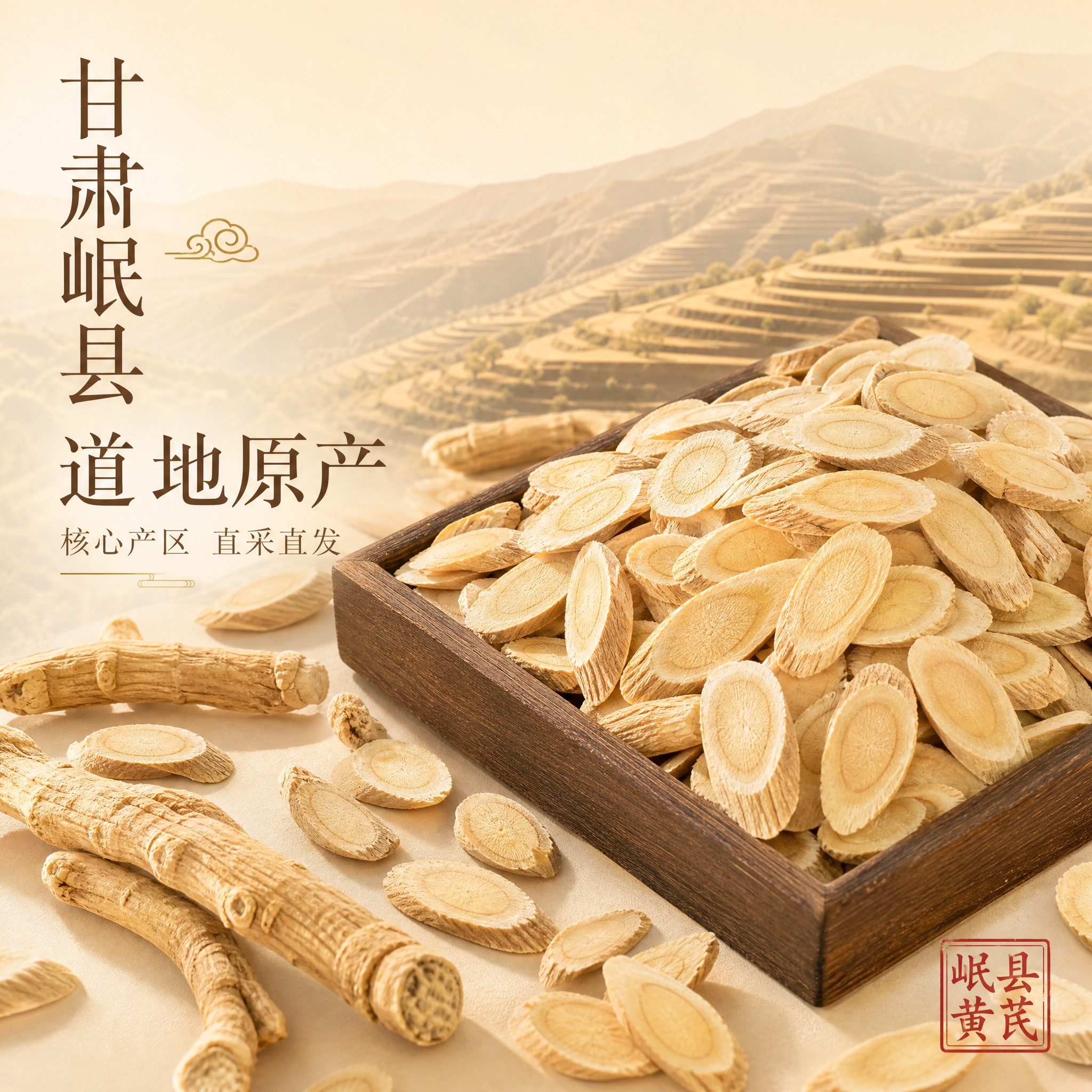 [主图-4] 黄芪片产地溯源图，突出甘肃岷县道地产地，不出现任… - 图片创意预览