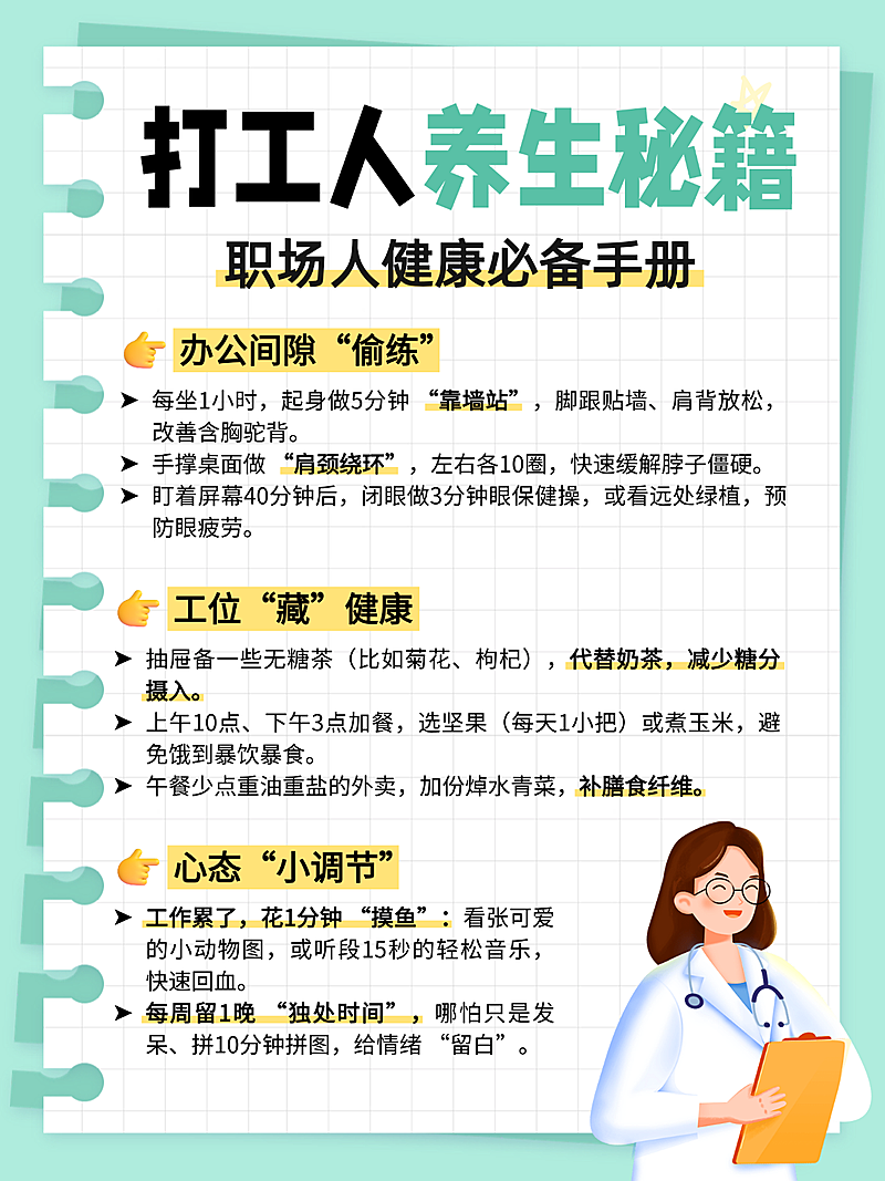 普遍插画风打工人养生秘籍知识分享小红书配图