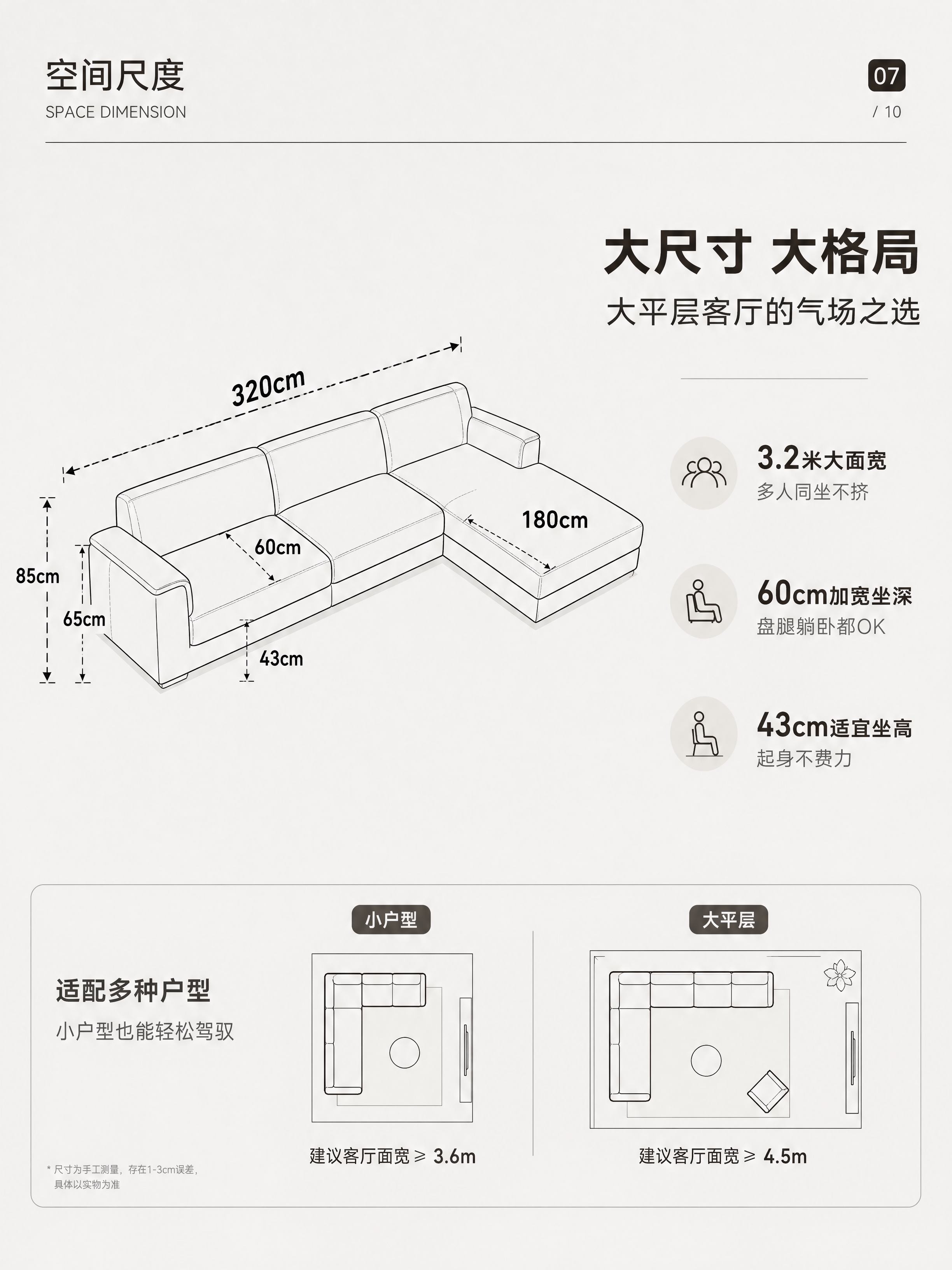 电商详情页第七张，空间尺度页，沙发尺寸标注。左侧为深咖色油蜡皮… - 图片创意预览