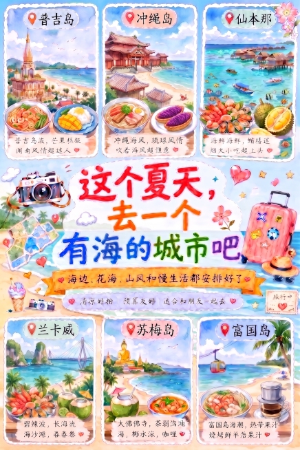 保留海报所有内容、布局、城市图片和风格不变，仅修改冲绳所在卡片的标题文字，将原来的文字调整为正确的"冲绳岛"，其余文字和设计完全不变，水彩手绘旅行海报风格预览效果