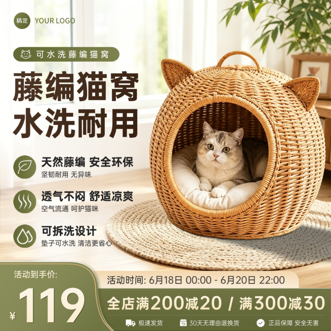 618可水洗藤编猫窝狗窝宠物用品促销电商零售商品主图预览效果
