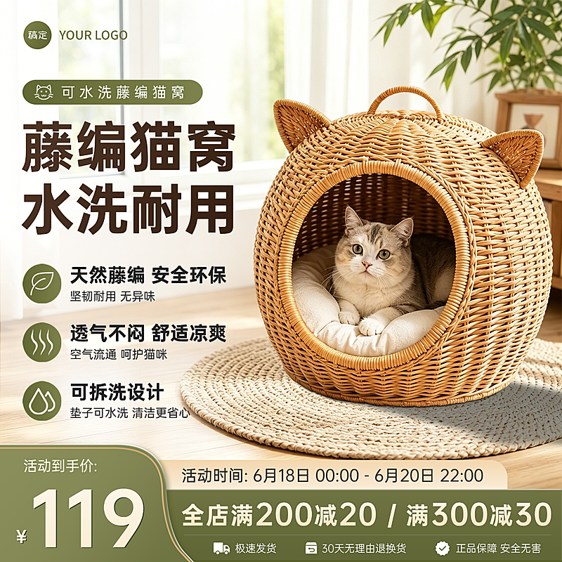 618可水洗藤编猫窝狗窝宠物用品促销电商零售商品主图