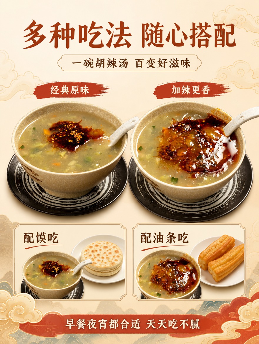电商详情页第七张，西安肉丸胡辣汤多种吃法展示。使用【图4】和【… - 图片创意预览