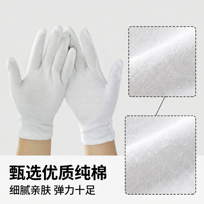 [主图-3] 儿童白色棉手套材质细节展示图。
[氛围风格] 品质细节特写风；
[画质] 商业摄影质感，光线明亮通透，产品清晰真实，画面干净高级，超高清。
[元素] 在参考图基础上重绘，保持儿童白色棉手预览效果