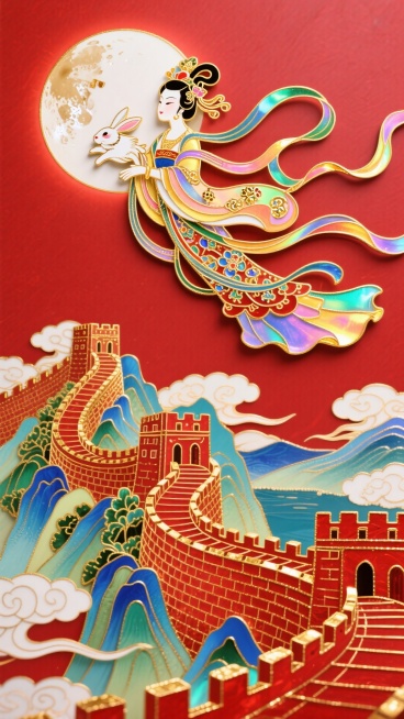 上方嫦娥抱月兔奔月（皮影效果），底下是红金的长城+山河，极繁主义，祥云环绕，红色背景预览效果