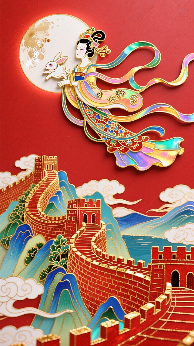 国潮风插画，融合剪纸与浮雕技法，嫦娥携玉兔飞越长城，鎏金线条勾勒古典之美，红底映月，尽显中式喜庆与梦幻诗意。