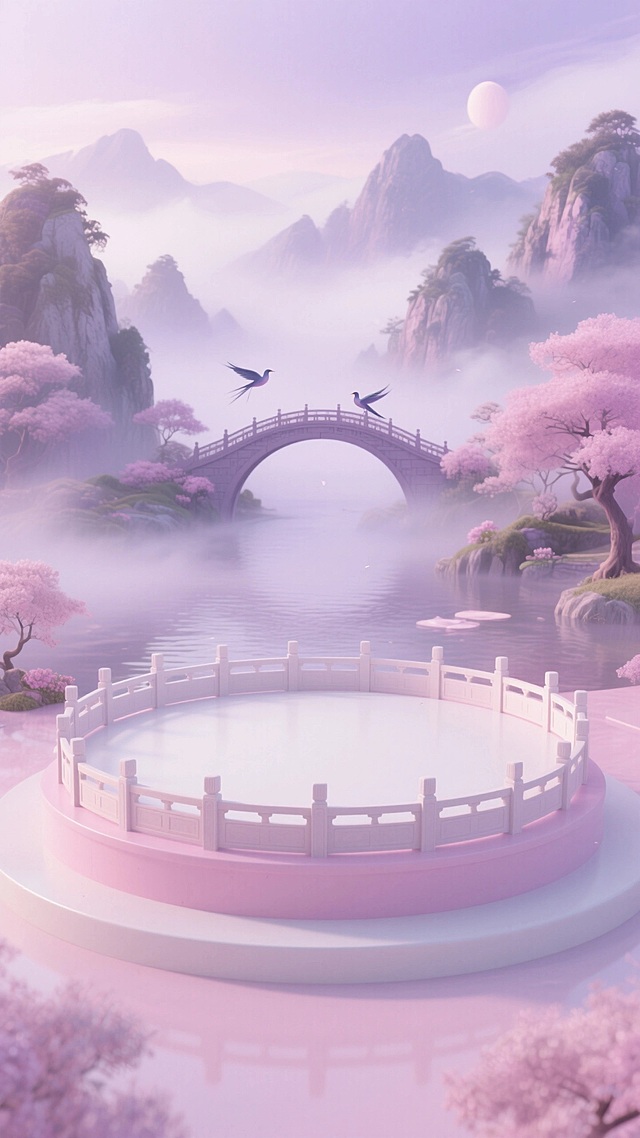 画面主体是粉白色圆形展台，展台外围有一圈围栏，背景是一些弥漫雾气的山水，山水中间有鹊桥，粉紫柔和色调。